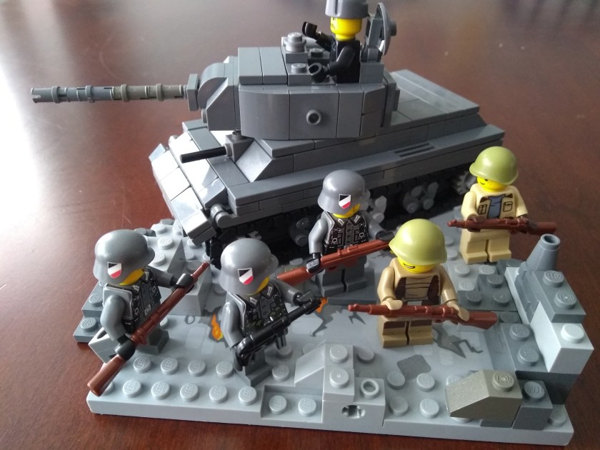 t34 tank ww2 lego scene with soldiers