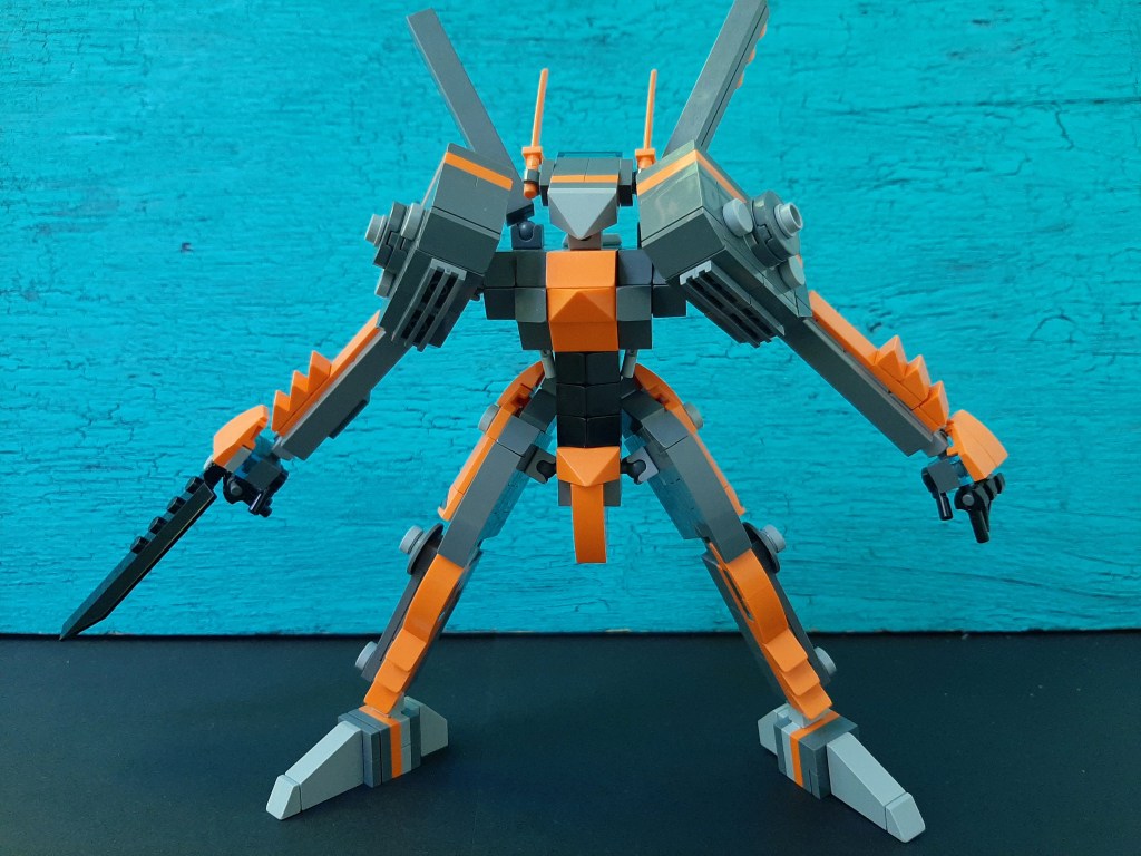 gray and orange lego mech
